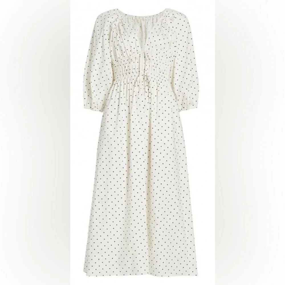 NWT WAYF Veronica Ivory Polka Dot White & Black Bow Cinch Cotton Maxi Dress S